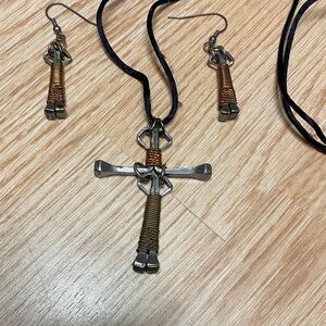 Metal Cross Necklace and Earring Set